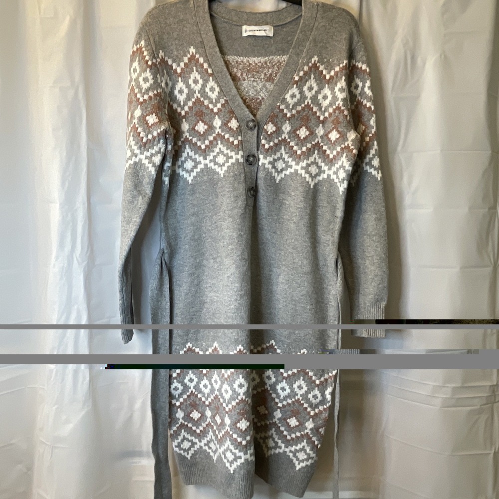 Lucky Brand Dress Women Large‎ Gray Pink Fair Isle Nordic Sweater Knit Tie Boho - Picture 10 of 13